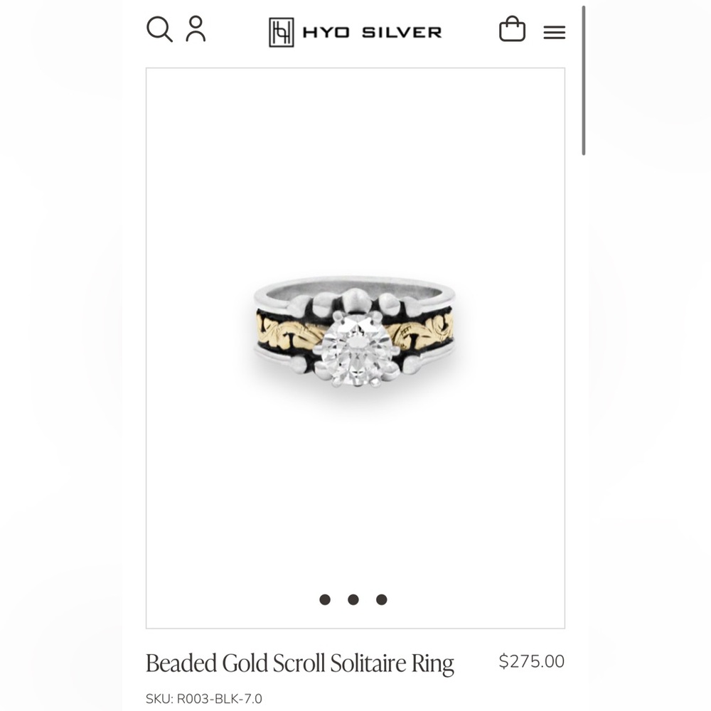 Hyo Silver Beaded Gold Scroll Solitaire Ring 6 1/2